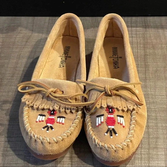 Minnetonka Brown Suede Women’s Thunderbird Beaded Moccasin Size 7 - Picture 1 of 12